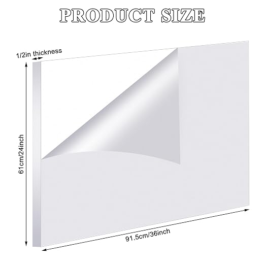 Roowest 1 Pcs 24 x 36 Inch, 1/2 Inch Thick Clear Acrylic Sheets Transparent