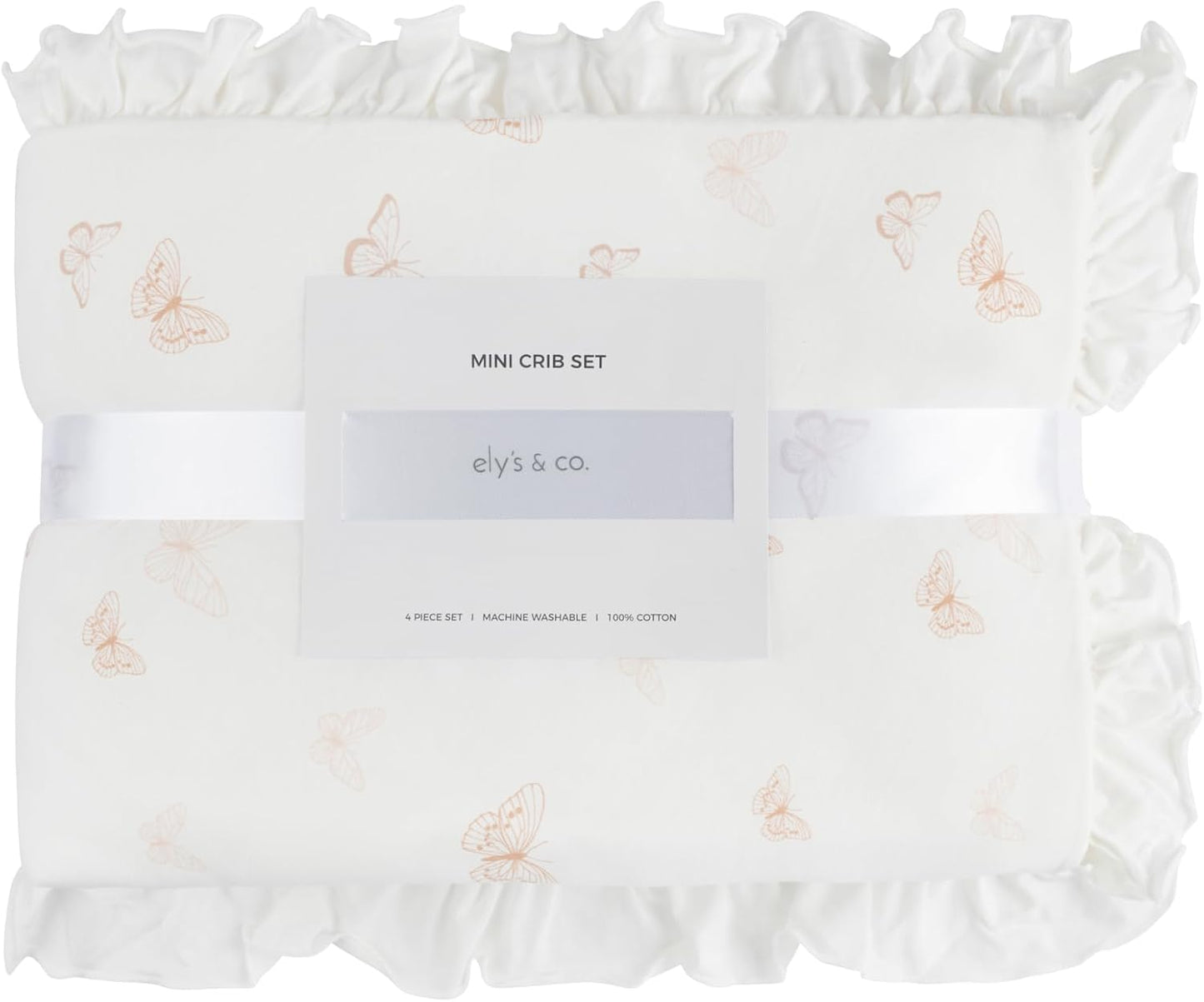 Ely's & Co. Mini Crib Bedding Set for Girls, 4 Piece Set - 1 Fitted Mini Crib Sheet, Quilted Comforter and Decorative Pillow with Insert, Pink Butterfly+Stripe Collection
