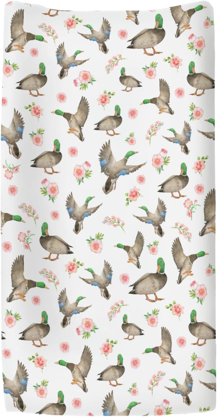 Mallard Ducks Boho Floral Changing Pad Covers for Baby Girl Boy Green Duck Spring Fitted Change Table Cover Mats Wild Duck Hunting Soft Diaper Changing Table Sheets 32''×16''