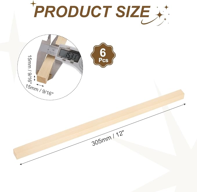 MECCANIXITY 6Pcs Basswood Sticks, 11/16" x 11/16" x 12" Square Wooden Dowel