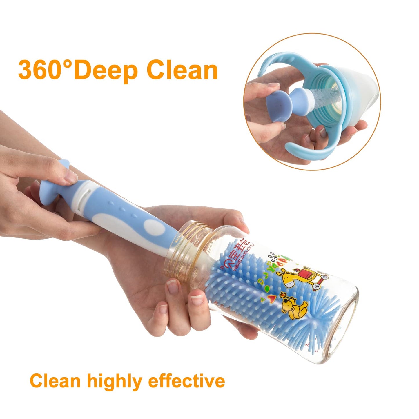 Chemimoso Multifunctional Cleaning Brush, Baby Bottle Brush, Bottle Brush Cleaner, Rotate The Suction Cup to Obtain The Small Bristle Brushes, Set Z, Blue, Silicone and Nylon Brush