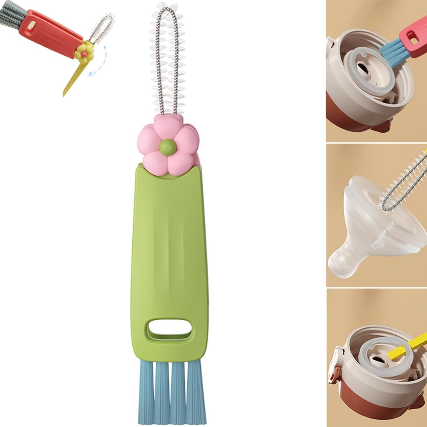 3 in 1 Cup Lid Cleaning Brush, 2025 Multifunctional Crevice Cleaning Brush for Bottle Gap Tight Spaces Cup, Cup Lid Gap Cleaning Brushes Set for All Kinds of Cups and Bottles (Green)