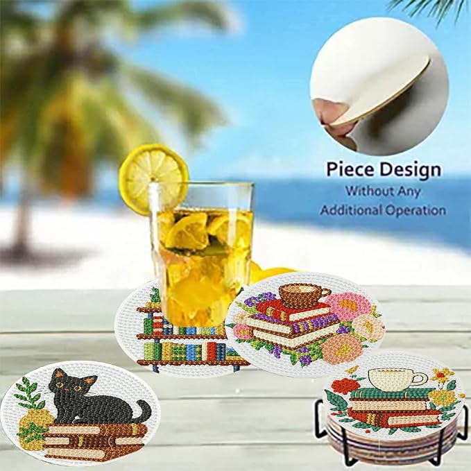 8 Pack Diamond Art Coasters, Bookshelf Diamond Painting Coasters Kits | Books