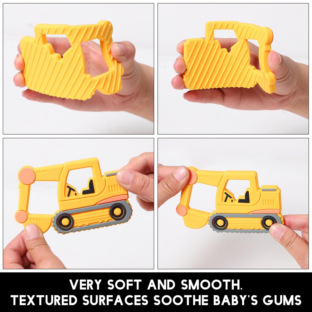 Baby Construction Vehicles Teething Toys,Food Grade Silicone Teether with One-Piece Pacifier Clip Holder,Best Shower Gift for 3 Months+ Boy and Girl,BPA Free,Freezer Safe. (Excavator)