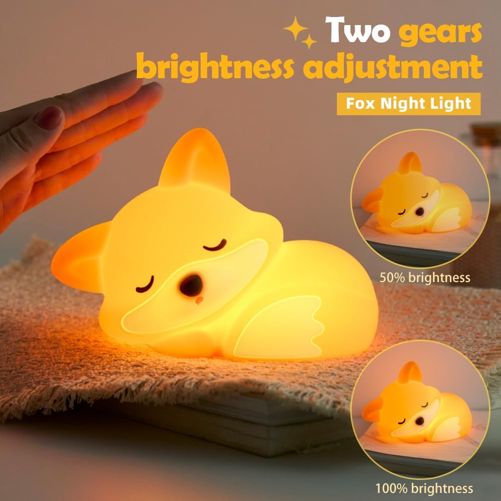 S NMT Cute Silicone Fox Night Light for Kids, Rechargeable Sleeping Nursery Nightlights with Timing Function for Christmas Gift, Dimmable Beside Decoration Lamp