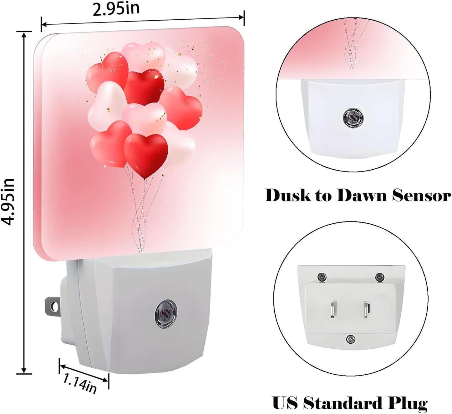 Pink Candy Heart Balloons Night Light,Plug-in Night Lights with Dusk-to-Dawn Sensor for Stairway,Hallway,Bedroom Sleep Friendly Ideal for Women/Girls/Boys Gift,0.5w