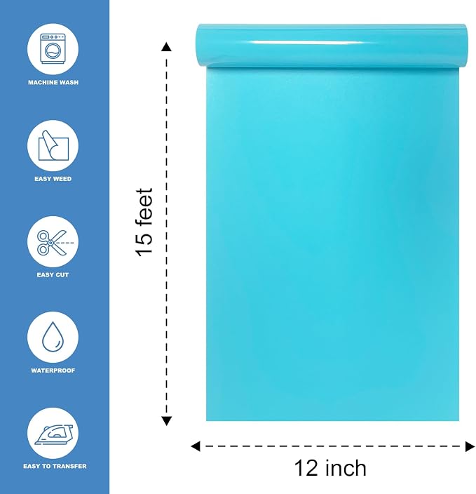 Light Blue Heat Transfer Vinyl HTV Roll 12" x 15ft. | Easy to Cut, Weed &