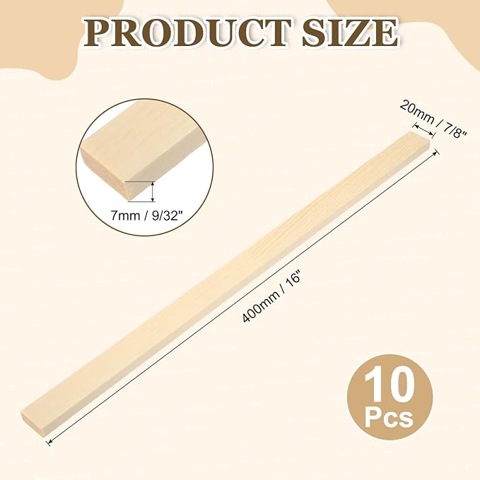 MECCANIXITY 10Pcs Wood Strips Slats, 9/32" x 7/8" x 16" Thin Wood Sticks Flat