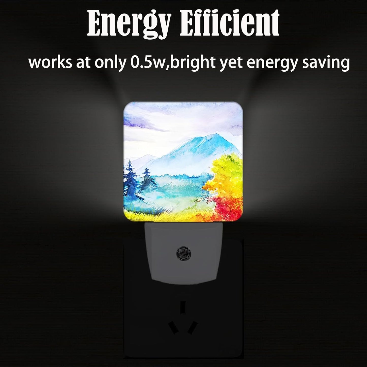 Watercolor Mountains and Forest Night Light,Plug Into Wall for Boys Girls Bedroom Decorative Square Night Light Lamp 0.5w Sleep Friendly
