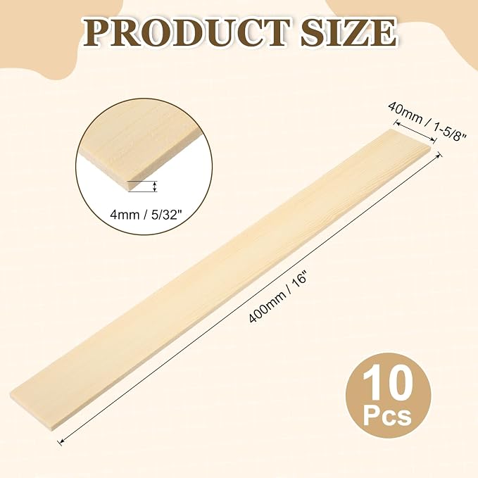 MECCANIXITY 10Pcs Wood Strips Slats, 5/32" x 1‑5/8" x 16" Thin Wood Sticks Flat