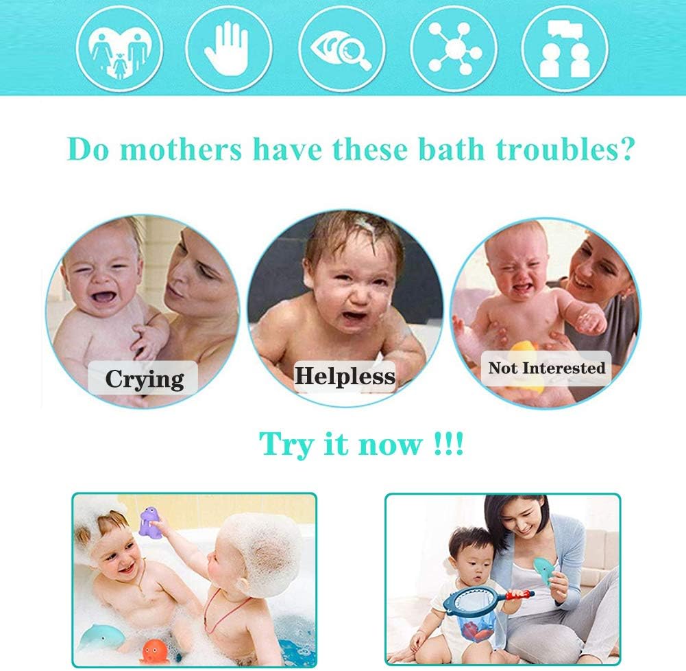 Bath Toy , Fishing Floating Animals Squirts Toys Games Playing Set with Fishing net , Fish Net Game in Bathtub Bathroom Pool for Babies Toddlers and Kids (Blue)