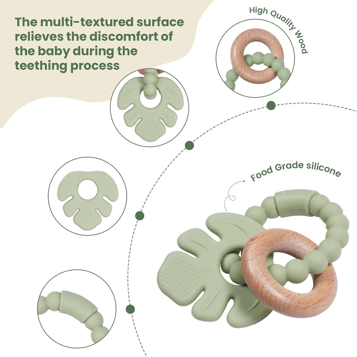 Baby Silicone and Wood Teether Ring Toy,Food Grade Silicone Chew Toys for 3-6,6-12,12-18 Months Newborns,Infants,Toddlers Teething Relief,Safe and Soft,BPA Free,Baby Essentials. (Leaf)