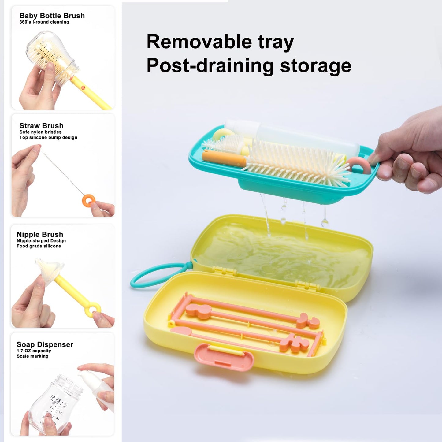 7in1 Travel Bottle Cleaner kit,Baby Essentials, with Bottle Brush、Nipple Brush、Straw Cleaner Brush、Soap Dispenser、Bottle Drying Rack、Drainage Tray、Storage Box,Baby Travel Essential (Yellow)