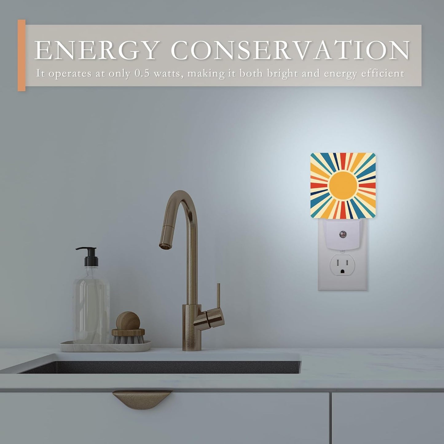 Retro Sun Burst Night Light with Dusk to Dawn Sensor for Kids, Rooms, Hallways, Kitchens, Bathrooms, Nurseries, Stairs