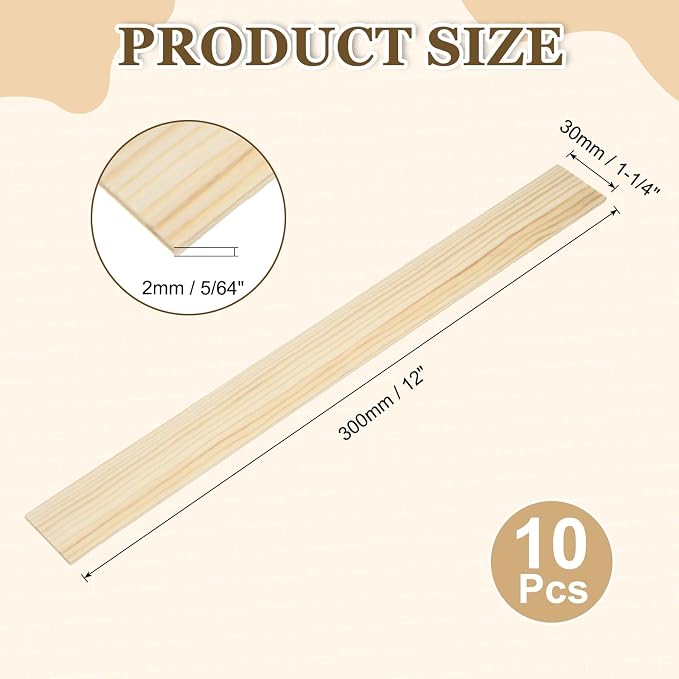 MECCANIXITY 10Pcs Wood Strips Slats, 5/64" x 1‑1/4" x 12" Thin Wood Sticks Flat