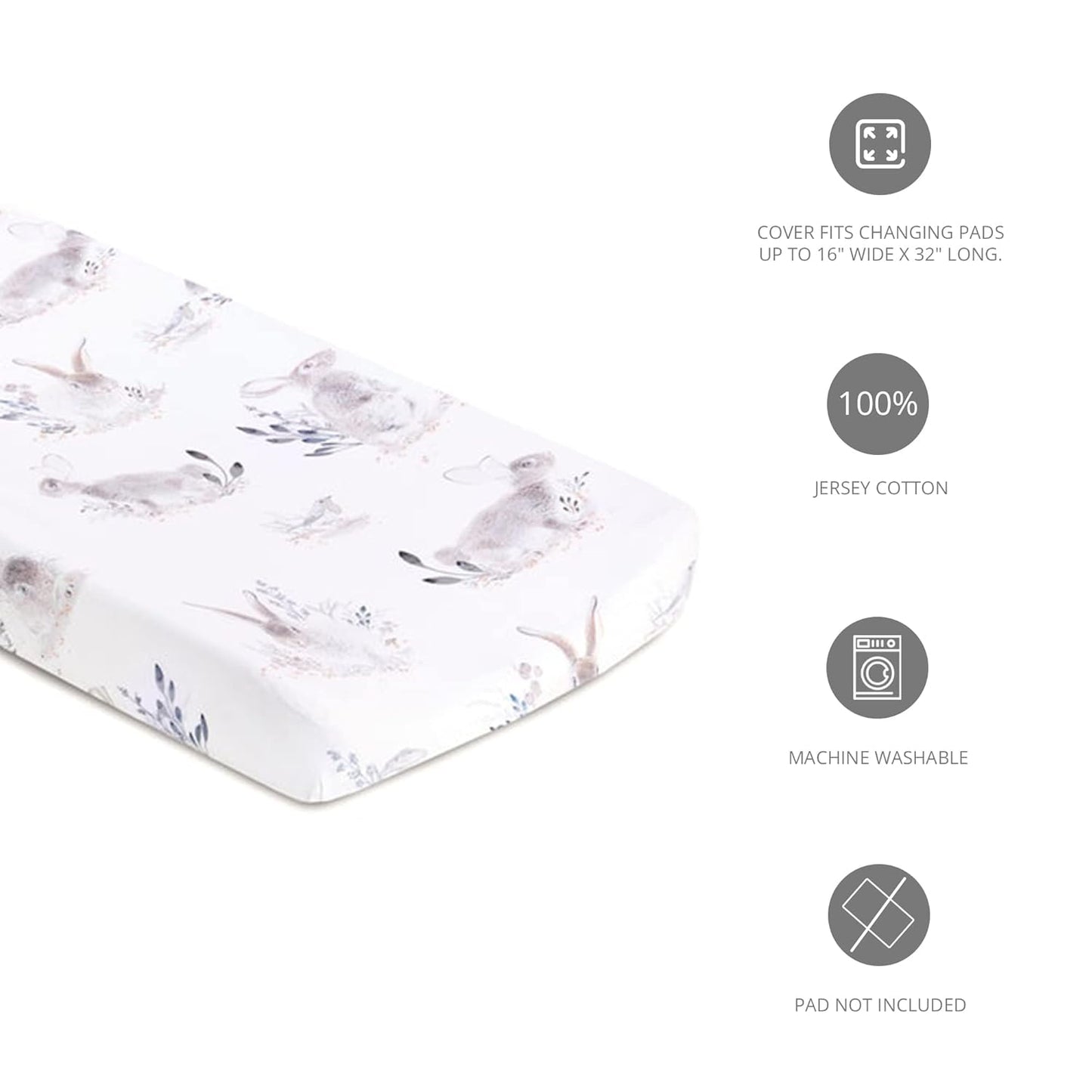 Oilo Changing Pad Cover, Breathable 100% Turkish Cotton Fitted Jersey, 300 Thread Count, Machine Washable, Fits Standard Changing Pads (32" x 16"), Girl, Boy, & Neutral Nursery Design, Cottontail