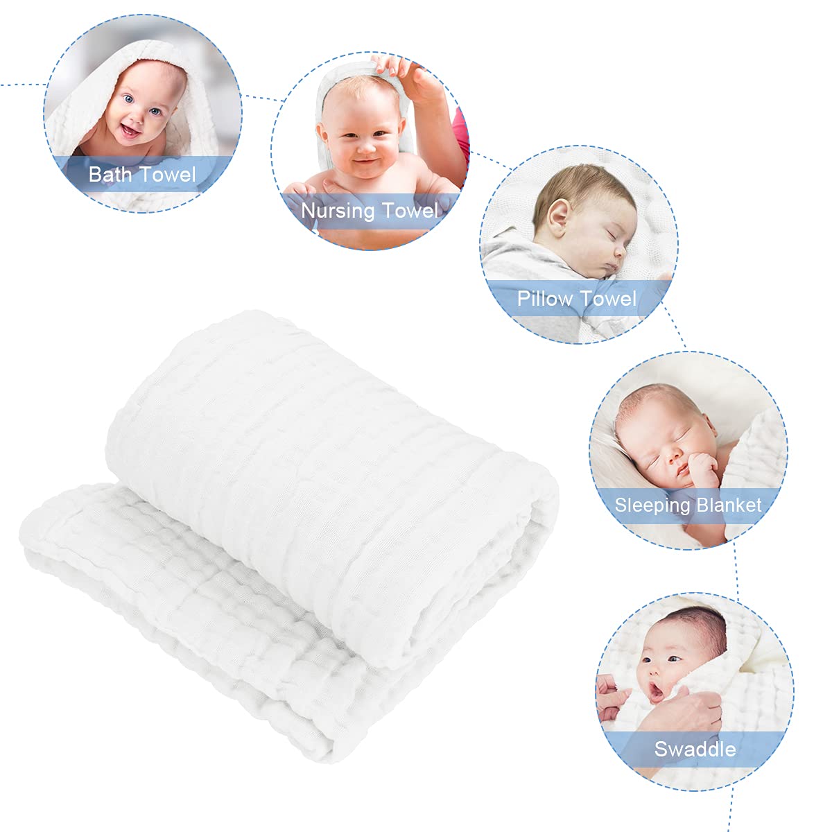 FOOK FISH Muslin Baby Towel Super Soft and Absorbent Cotton Baby Bath Towels 2 Pack 6 Layers Infant Newborn Blanket Toddler and Kids Large 40 x 40inches (White)