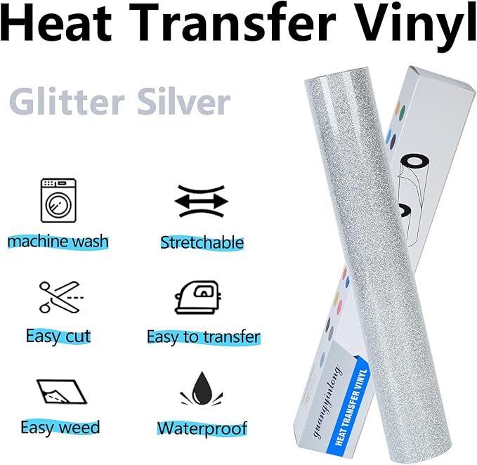 guangyintong Heat Transfer Vinyl Glitter Silver HTV Rolls, Glitter HTV Vinyl
