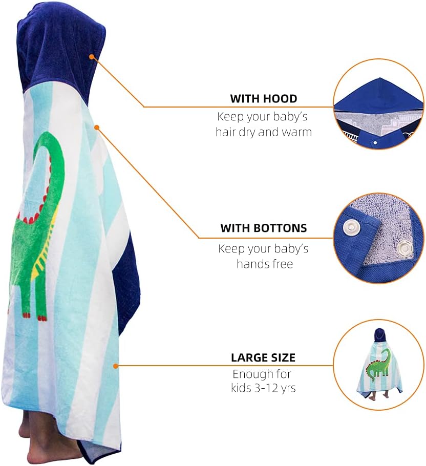 BANGSAUR Kids Hooded Beach Bath Towels, 100% Cotton 50"x30" Wrap Blanket, Toddlers Boys 3-12 Years Coverup Towel White Shark