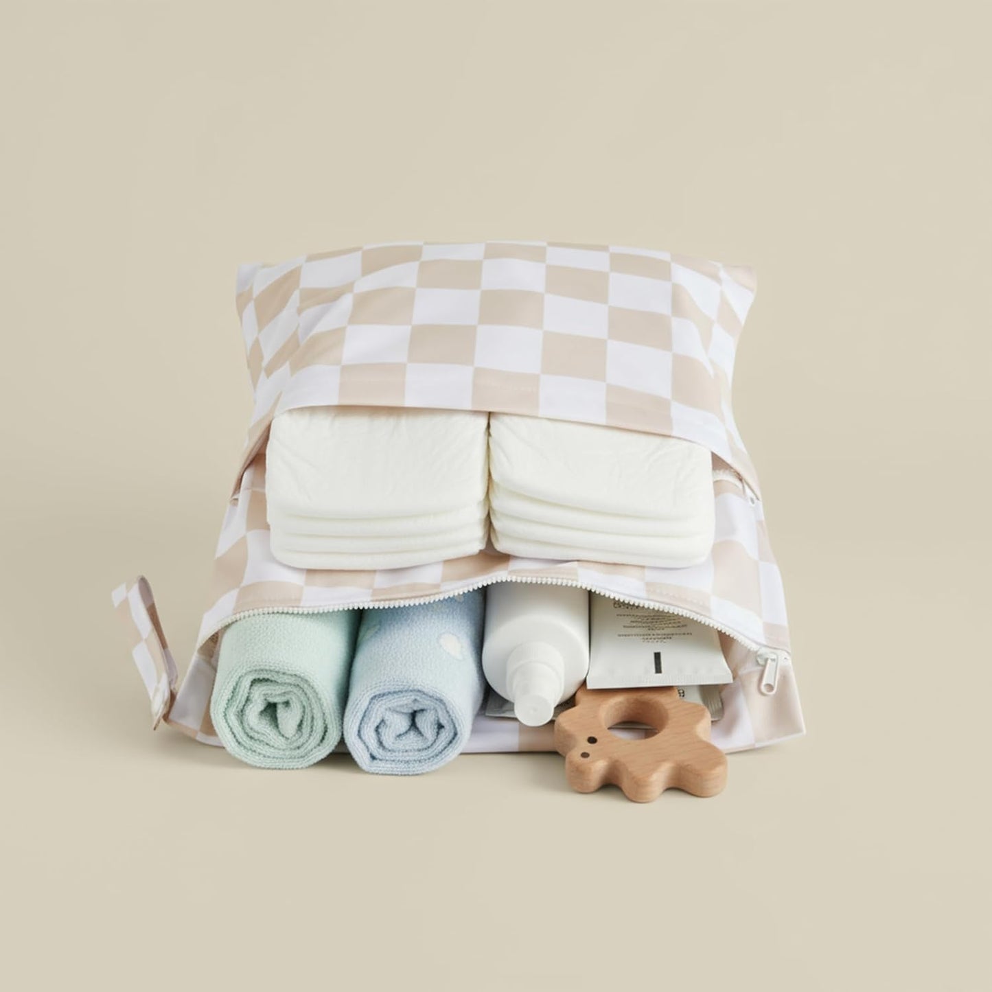Beige Khaki Checkered Waterproof Wet Dy Diaper Bag for Baby Essentials, Travel, Swimsuit, Beach Bag Accessories, Aesthetic Trendy Cute Toddler Baby Cloth Bag Pouch, Pack of 2