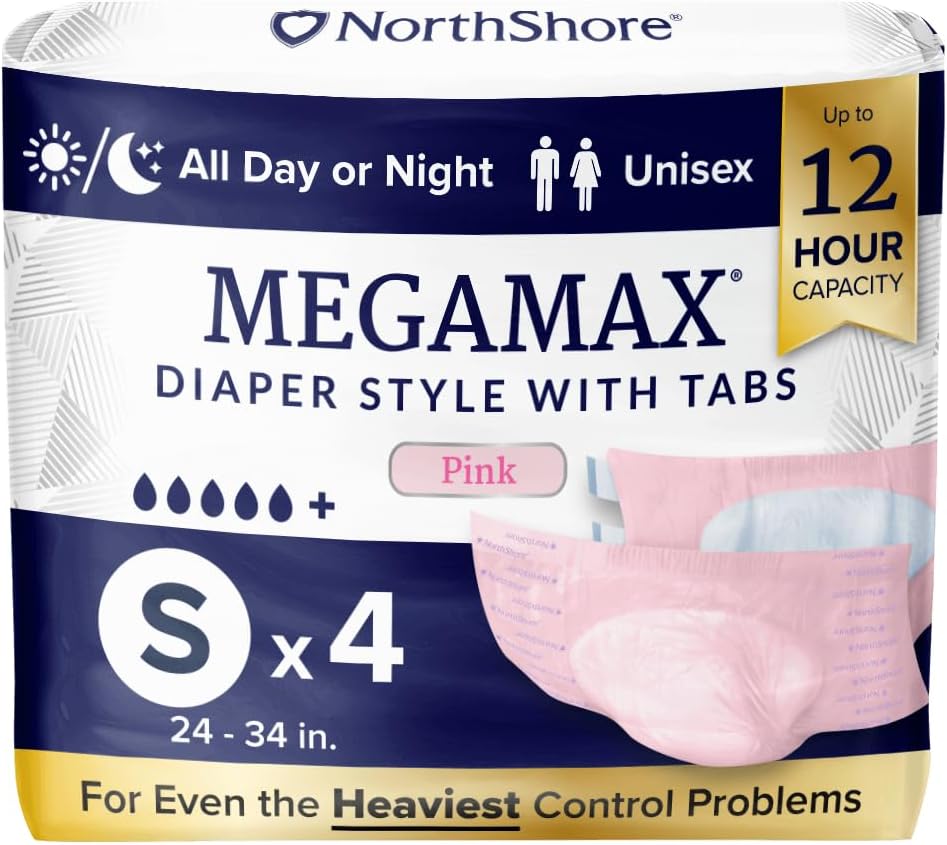 NorthShore MegaMax Adult Overnight Diapers, 12-Hour Tab-Style, Small, 4 Count Starter Pack, Pink, 24-34 inches, Unisex Incontinence Underwear