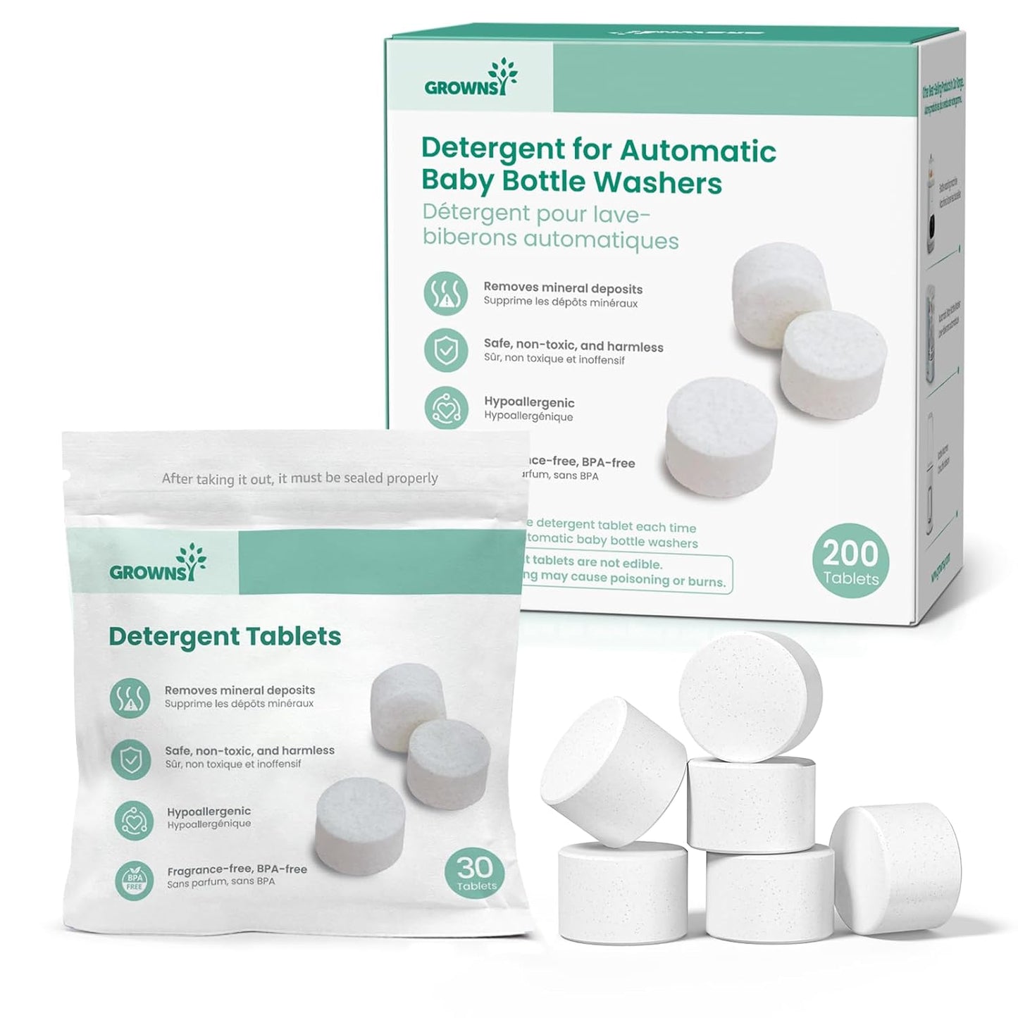 GROWNSY Washing Detergent Tablets 200PCS for Momcozy, Baby Brezza Bottle Washer, Bottle Washer Tablets Compatible with All Brands Baby Bottle Washers