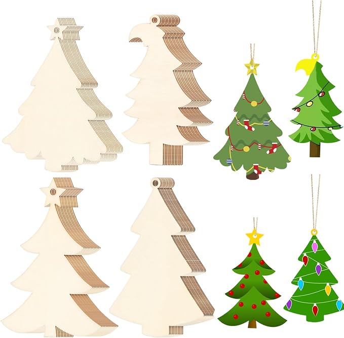 48Pcs Unfinished Paintable Blank Wooden Christmas Tree Festival Decoration