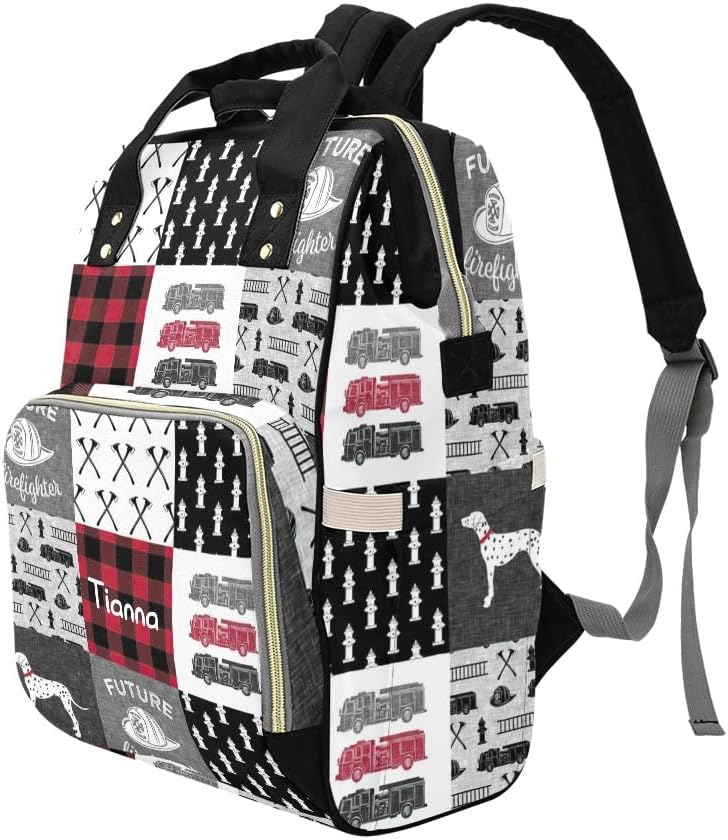 Firefighter Dog Fire Engine Plaid Diaper Bags with Name Waterproof Mummy Backpack Nappy Nursing Baby Bags Gifts Tote Bag for Women