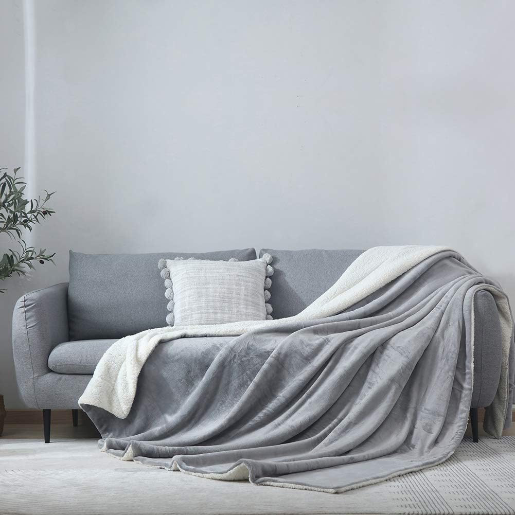NANPIPER Flannel Blanket Reversible Sherpa Throw Blanket Super Soft Plush Warm Fleece Microfiber (90"x90",Light Gray) Queen