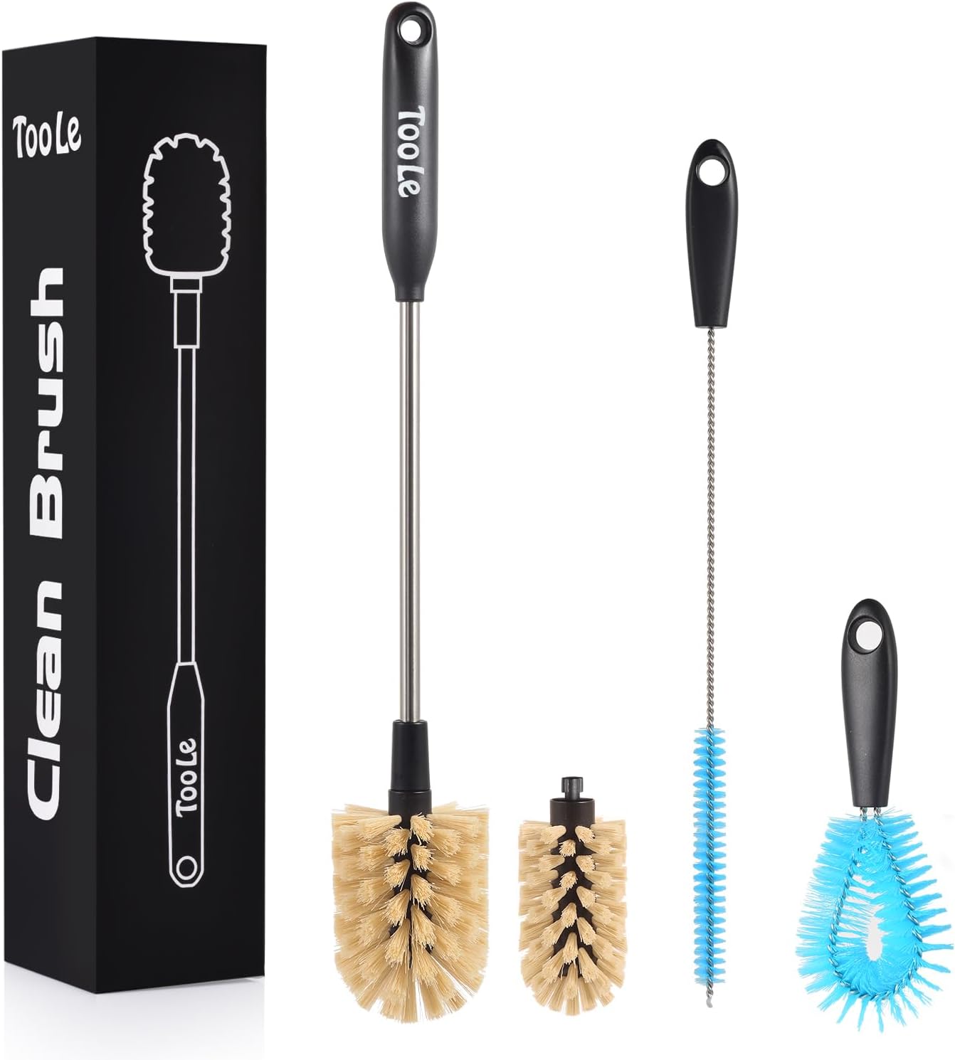 4-in-1 Water Bottle Brush Cleaner, Bottle Brush & Straw Cleaner Brush, Long Handle Water Bottle Scrubbing Brush with Replacement Brush Head for Narrow Bottle,Coffee Mugs,Tumblers,Straws, Lid Cleaning