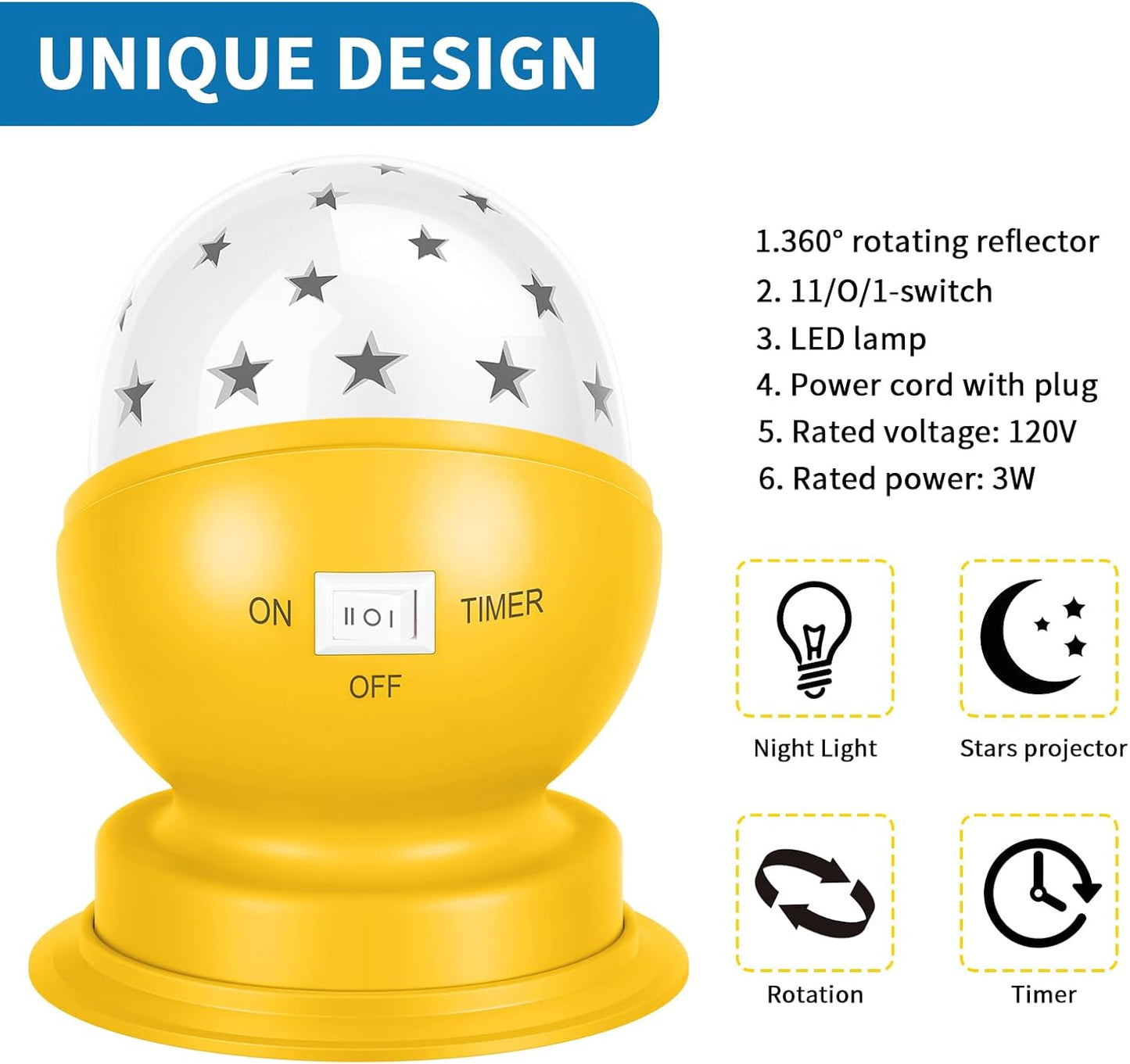 Star Night Light for Kids, 360° Rotating Starry Projector for Kid’s Bedroom with Timer, Gift Choice, 3000K,Yellow,1 Pack