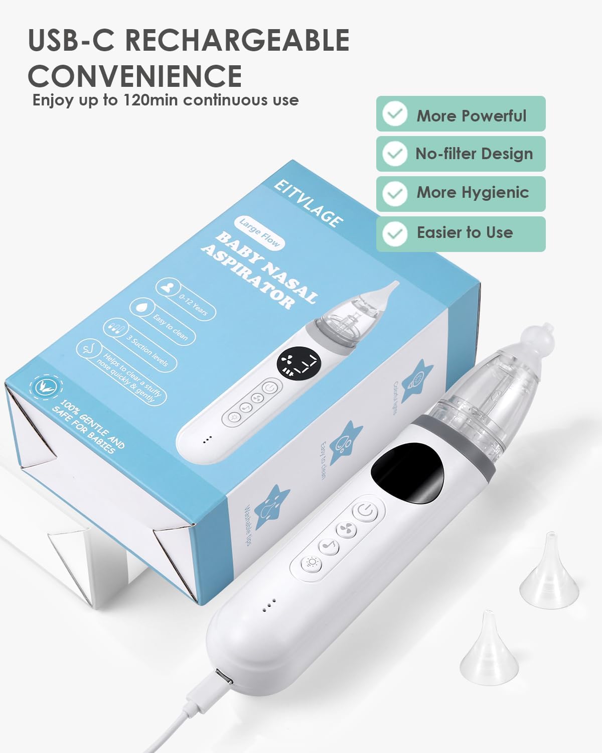 Nasal Aspirator for Baby, Electric Nose Aspirator for Toddler, Baby Nose Sucker, Automatic Nose Cleaner with 3 Silicone Tips, Adjustable Suctions, Music and Light Soothing Function