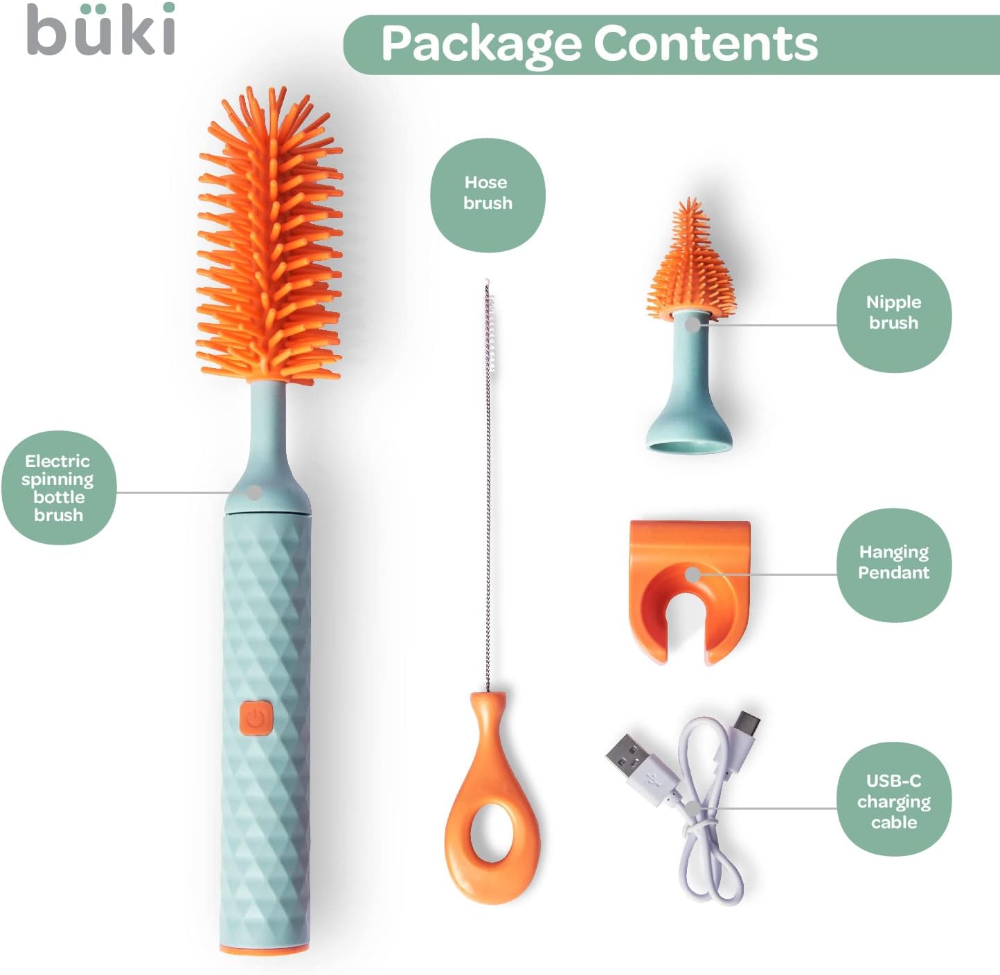 Büki Electric Baby Bottle Cleaning Brush Set - Rechargeable Electric Bottle Brush with Straw Cleaner - Water Bottle Cleaning Kit, Nipple Brush, 1200mAh Brush Cleaner (by Kindersense)