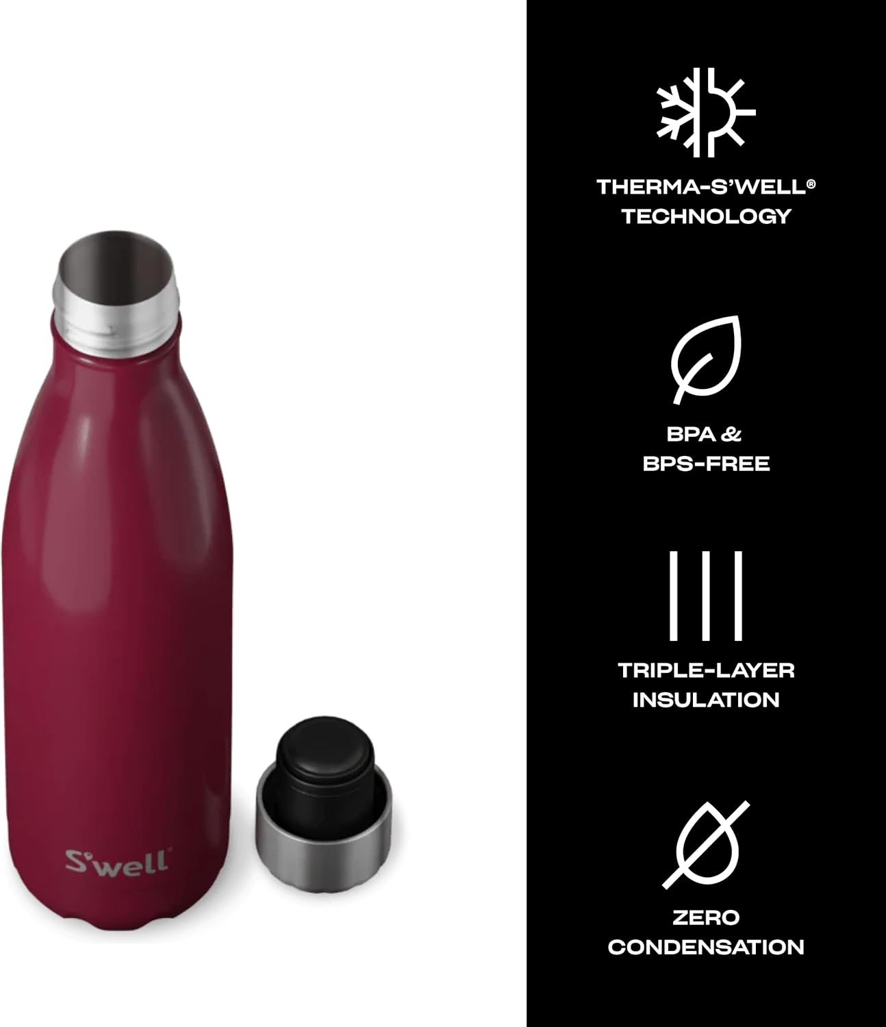 S'well Stainless Steel Water Bottle, 17oz, Wild Cherry, Triple Layered Vacuum Insulated Containers Keeps Drinks Cold for 36 Hours and Hot for 18, BPA Free, Perfect for On the Go