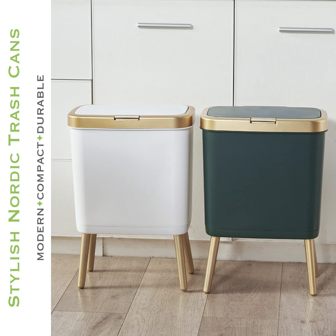 Procade Bathroom Trash Can with Lid, Plastic Garbage Can with Legs, 4 Gallon Gold Trash Bin with Push Button, Narrow White Trash Can Waste Basket for Bedroom, Living Room,Office，Dog Proof Trash Bin