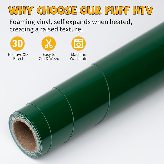VinylRus Puff Heat Transfer Vinyl-12” x 5ft Green Heavy Duty Puff Iron on Vinyl