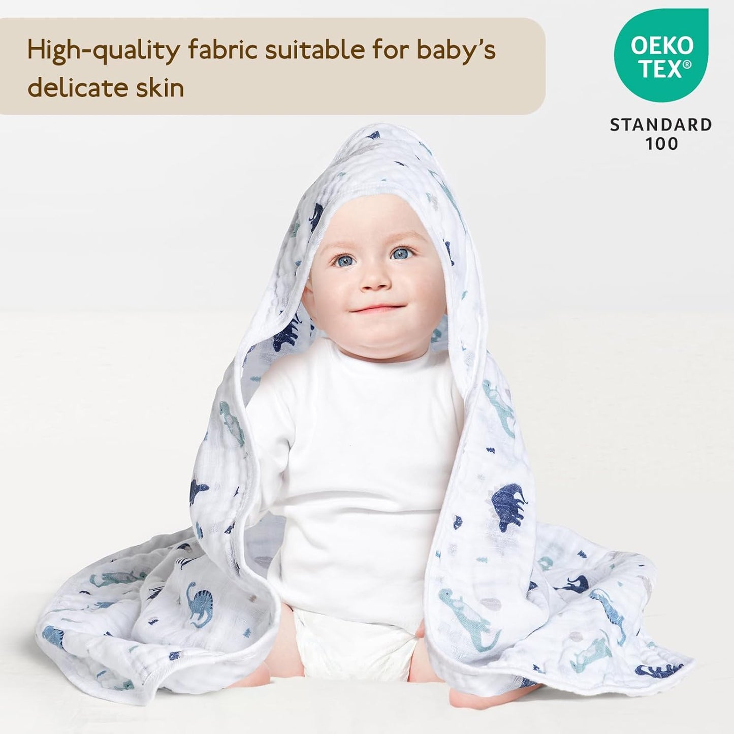 david's kids 2 Pack Hooded Baby Towels, 100% Muslin Cotton 6-Layer Ultra Soft Breathable Absorbent Baby Bath Towels for Infant and Toddler, Newborn Essentials, Large 32x32Inch, Dinosaur