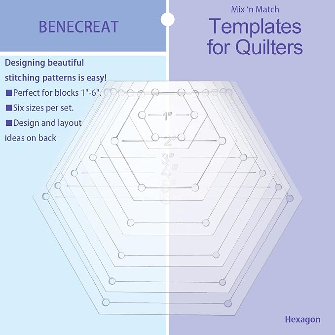 BENECREAT 6Pcs Mixed Sizes Hexagon Quilting Template Transparent Pressure Plate