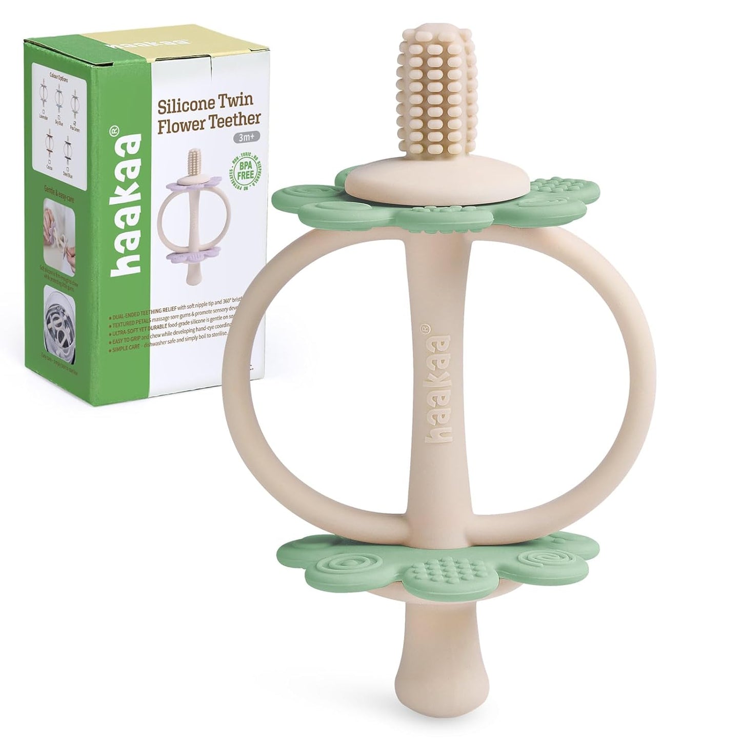 haakaa Silicone Baby Teething Toys,Nipple-Shaped End for Gum Massage,360° Baby Toothbrush Head for Self-Brushing Training,Easy to Grip-Pea Green
