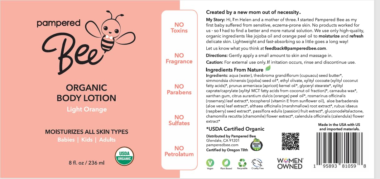 Organic Body Lotion (Light Orange) for Babies, Toddlers and Kids, With Capuaçu Seed Butter and Marshmallow Root - Moisturizing, Softening, Hydrating, 8 oz