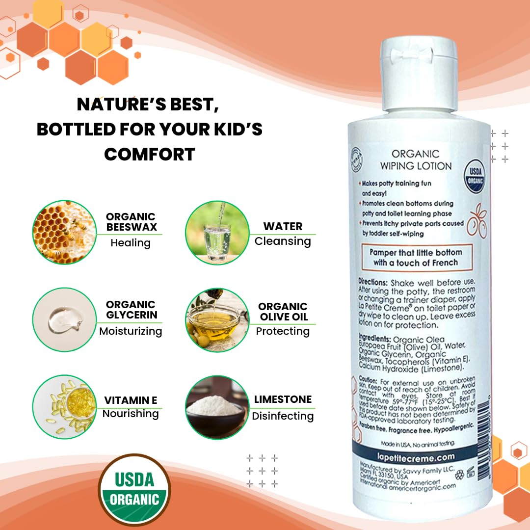 La Petite Creme French Premium Liniment Wiping Lotion for Kids (8 oz) - Potty Training Solution - Skin Cleanser & Moisturizer - Girls and Boys - USDA Certified Organic and EWG Verified