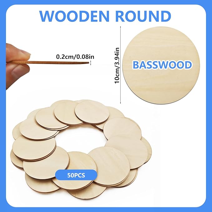 50PCS Wooden Round, Made of Basswood, 4 Inch Unprocessed Wood Pieces, Natural