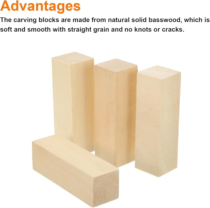 MECCANIXITY 4Pcs Basswood Carving Block, 1.2"x1.2"x4" Square Wooden Dowels