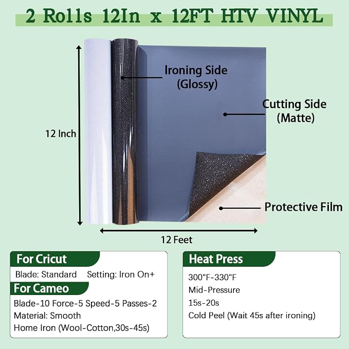 guangyintong Glitter Heat Transfer Vinyl HTV Rolls, 2 Rolls 12" x 12ft Black