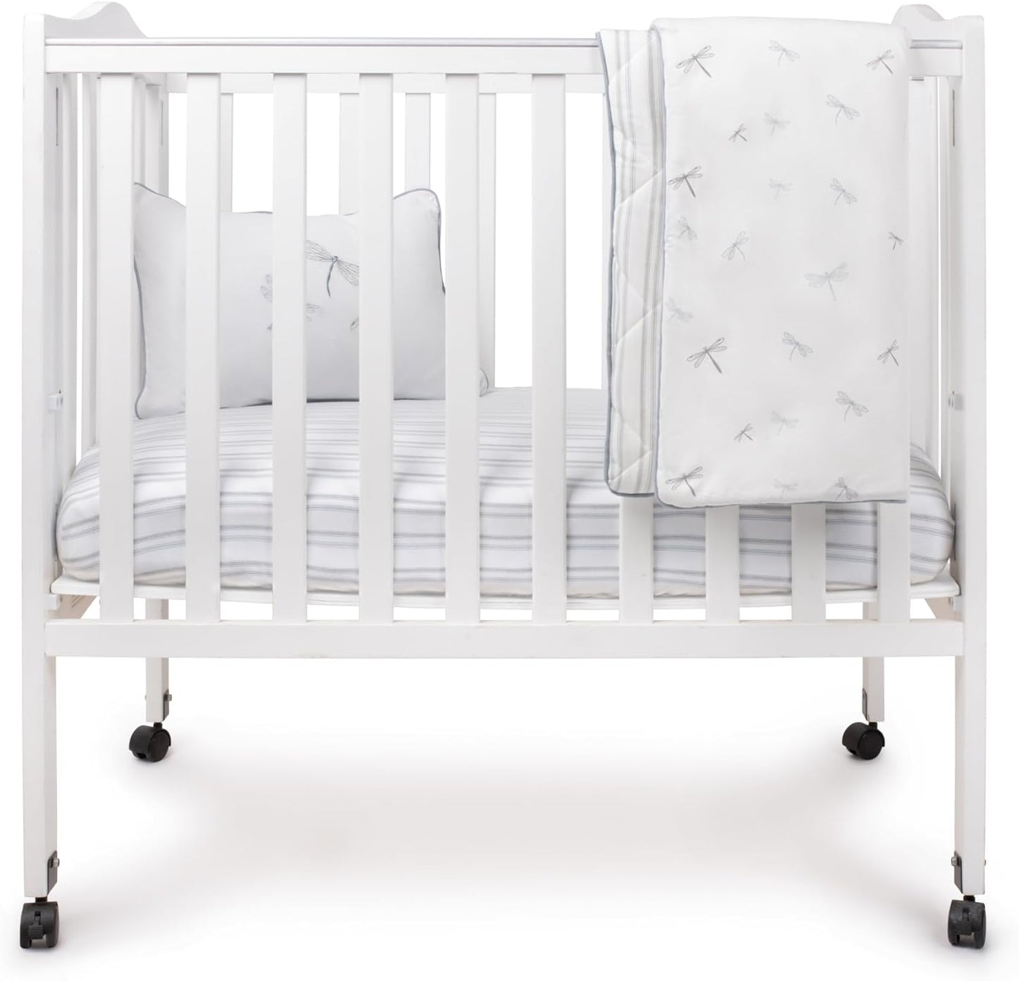 Ely's & Co. Mini Crib Bedding Set for Boys, 4 Piece Set - 1 Fitted Mini Crib Sheet, Quilted Comforter and Decorative Pillow, Blue Dragonfly + Stripe Collection