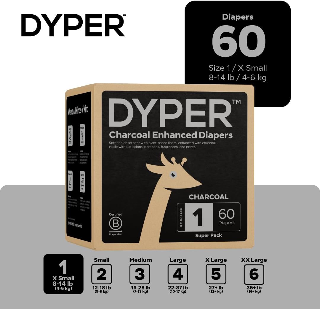 DYPER Charcoal Enhanced Diapers | Baby Diapers from Plant-Based* & Honest Materials | Day & Overnight Diapers | Disposable Diapers for Sensitive Skin (Size 1, 60, Count)