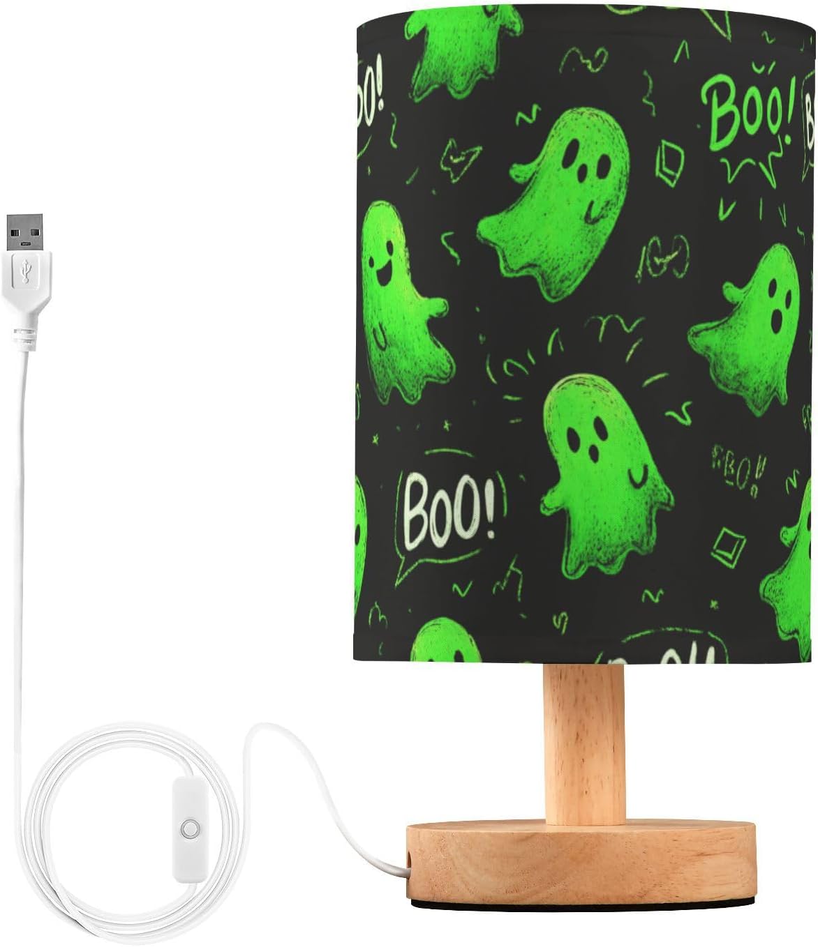 Halloween Green Ghost Table Lamp Bedroom Bedside Night Reading Desk Lamps Cylinder Nightstand Sleeping Light Lamp for Kids Living Room Office Decor