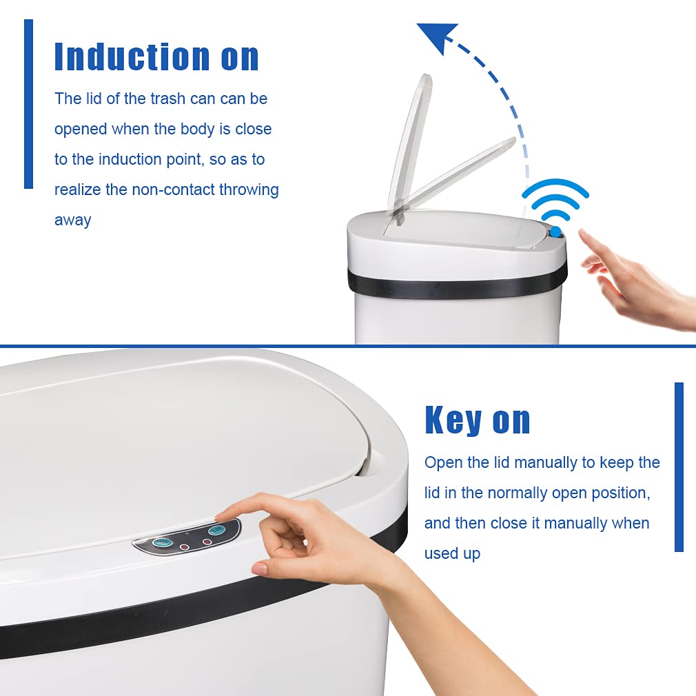 Kitchen Trash Can Office Bathroom Bedroom Waste Bin with Lid Automatic Sensor Touch Free Stainless Steel Garbage Can 13 Gallon / 50L,White