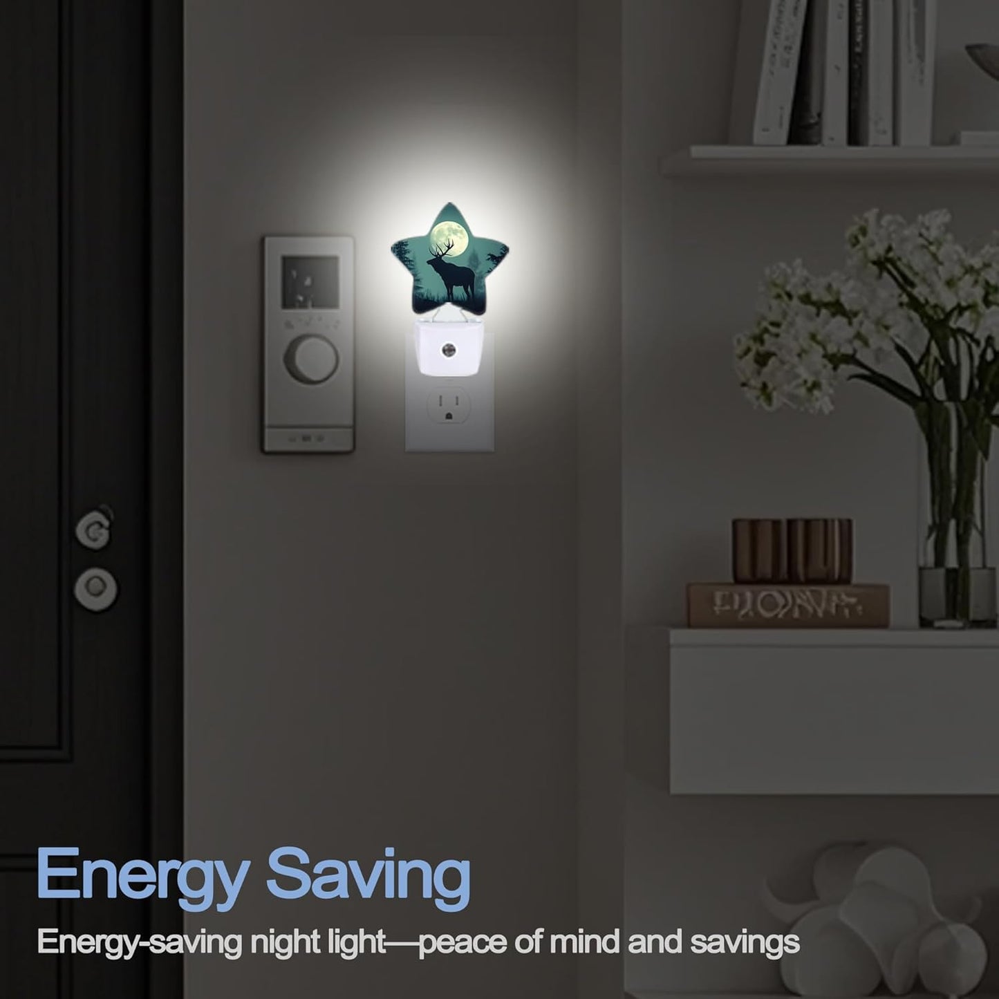 Night Light,Forest Deer Plug into Wall with Dusk to Dawn Light Sensors,Moon Misty Mountains Warm Star Nightlights for Bedroom,Bathroom,Hallway,Kitchen Home Decor Desk Lamp