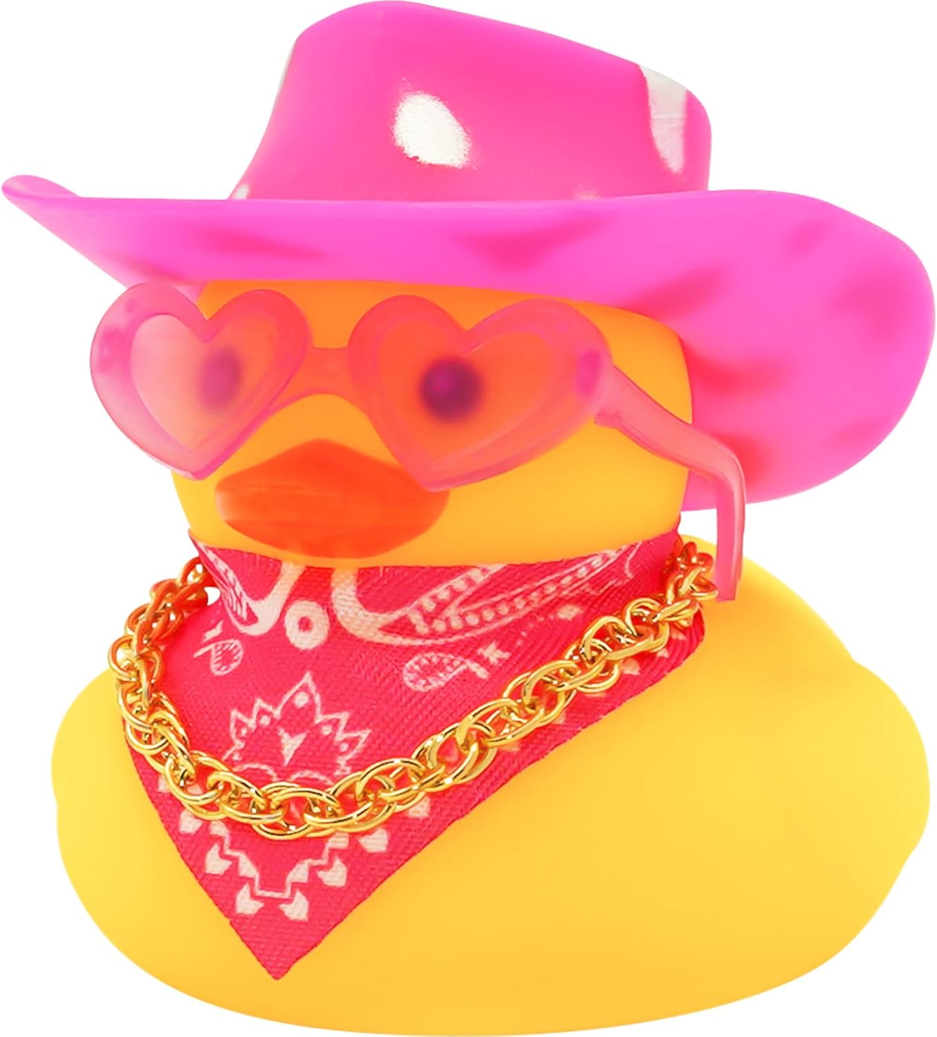 Quackly Pink Cowboy Rubber Duck, Car Dashboard Decoration Ducks with Cowboy Hat Necklace Sunglasses, Pink Silver